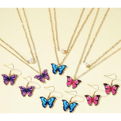 2020 New Trendy Multilayer Pendant Necklace Earrings Set Jewelry For Women Butterfly Drop Earrings Bridal Jewelry Party Gifts
