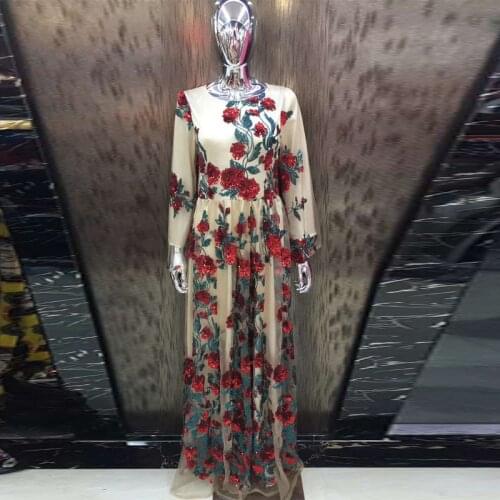 Luxury Maxi Women High Quality 2021 Runway Fashion Sequined Red Flower Embroidery Plus Size Party Holiday Dress
