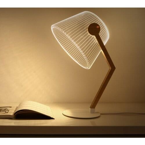 Modern Led Desk Lamp 3D Visual Bend Study Read Table Wooden Bracket Acrylic Board Creative Bedside Decoration Night Stand Light