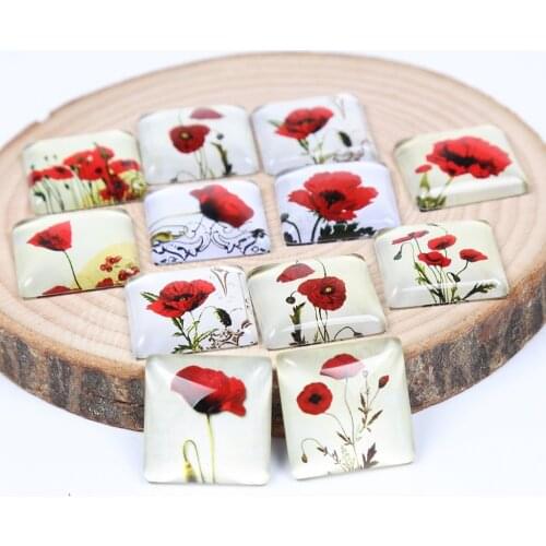 Reidgaller square cabochon glass 12mm 25mm mix poppy flower photo dome flatback jewelry findings for pendant necklace