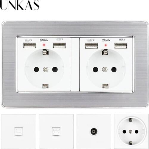 UNKAS EU / French Socket With Dual USB Port + TV RJ11 Telephone RJ45 Internet Computer Jack 146mm * 86mm Stainless Steel Panel