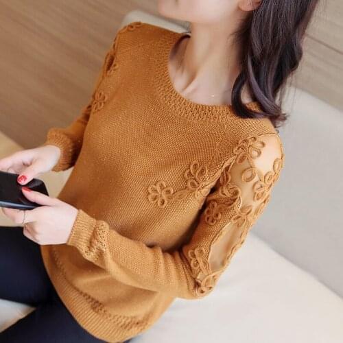 Knitted sweater Women Pullovers 2021 Sexy Lace Pullover Sweaters Fashion Patchwork Embroidery Collar Knitted Tops Feminine 123H