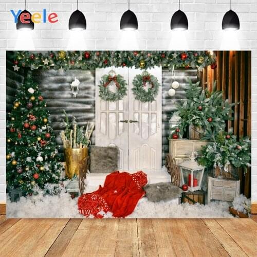 Yeele Merry Christmas Photo Background Photophone Trees Red Ball White Door Photography Backdrops for Decoration Customized Size