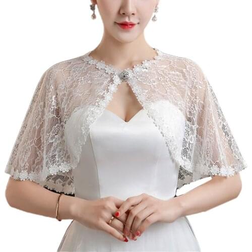 Women Wedding Floral Lace Wrap Shawl Perspective Embroidery Prom Bolero Shrug Rhinestone Buckle Open Front Bridal Cape