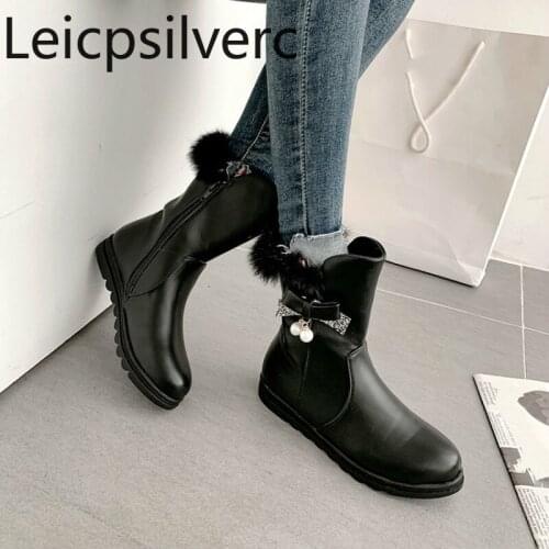 Womens Boots The New winter Round head butterfly Knot pearl zipper fashion flat Short tube Womens shoes 28-40 black White