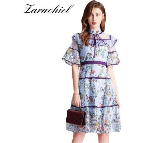 Summer Designer Flower Midi Dress Women Lace Floral Stand Flare Sleeve Pearls Bow Dress Female Elegant Party Cute Dresses