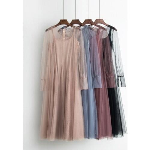 2019 Autumn new female solid color O-neck long sleeve sweet gauze lace pleated dress womens waist slim full dress two piece set