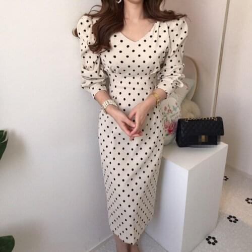 2020 Fashion New French style Spring autumn Women Casual Polka Dot Print A-Line Party Dresses Eleagnt lace-up Slim Dress