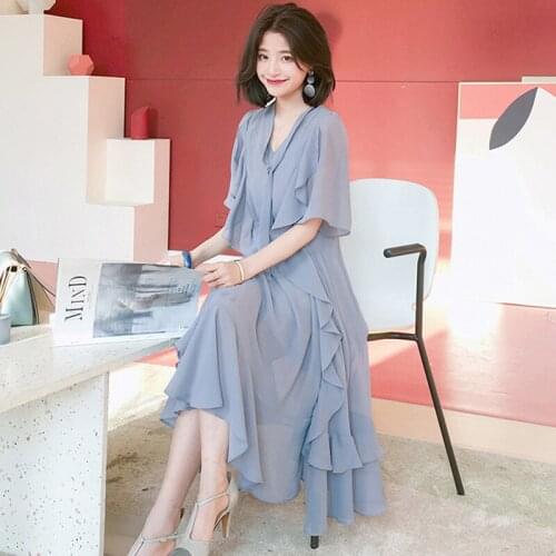 2021 Summer New ChicV-Neck Bow Dress Women Irregula Half Sleeves Ruffled Solid Color Chiffon Dress For Office Ladies ZH1536