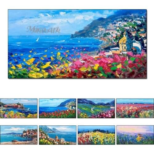 100% hand drawn oil painting beautiful blue sky and mediterranean landscape painting on canvas of living room