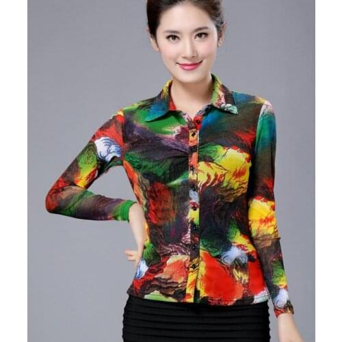 2018 Office Lady Womens Painted Floral Pattern Full Sleeve Slim Mesh Blouse Shirt , 4XL 3XL Stretch Female Woman Flower Blouses