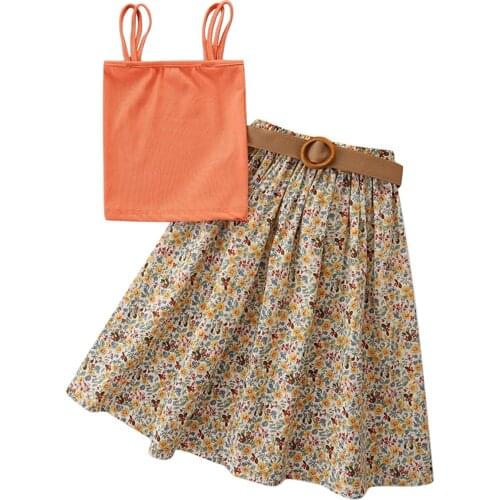 2021 1-6Y Boho Kids Baby Girl Clothes Solid Color Top Vest+Floral Print Long Pleated Skrit With Belt Summer Holiday 2pcs