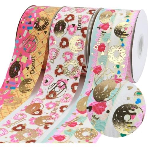 3 Inch 75mm Foil Donut Printed Solid Grosgrain Ribbon DIY Gift Bow Headband Making 50 Yards/Roll
