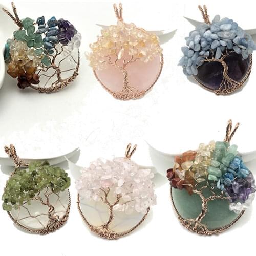7 Chakra Natural Stone Tree of Life Reiki Pendant Necklace Hand Made Rose Gold Color Wire Wrap Healing Quartz Crystal Pendants