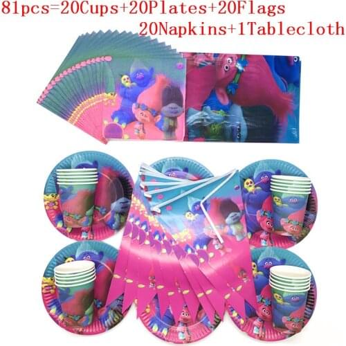 81Pcs/51Pcs Birthday Disposable Set Cartoon Trolls Theme Party Decoration Disposable Kid Napkin Cup Party Supplies Baby Shower