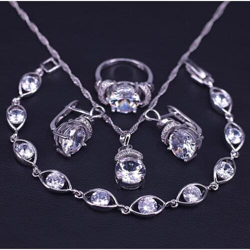 Promotion Big Round Austrian Crystal Silver Color Jewelry Set For Women Hoop Earrings Ring Necklace Bracelet Set Bridal Jewelry