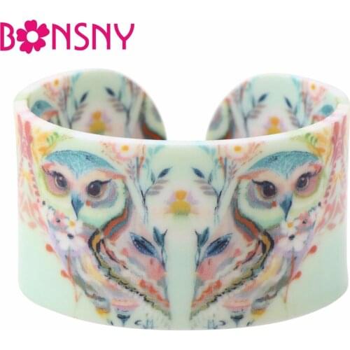 Bonsny Acrylic Flower Pattern Love Wide Owl Bangles Bracelet Jewelry For Women 2017 New Animal Jewelry Accessories Gifts Bijoux