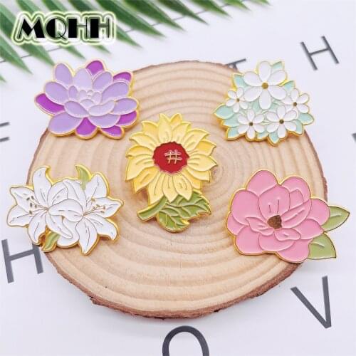 Cartoon Cute Plant Flowers Enamel Pins Sunflower Lily Chrysanthemum Rose Alloy Brooch Badge Sweet Woman Jewelry Gift For Friends