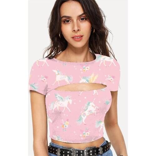 Somepet Unicorn T shirt Women Animal T-shirts 3d Flower Tshirt Printed Harajuku Hollow Out T shirts Short Sleeve Hip Hop Printed