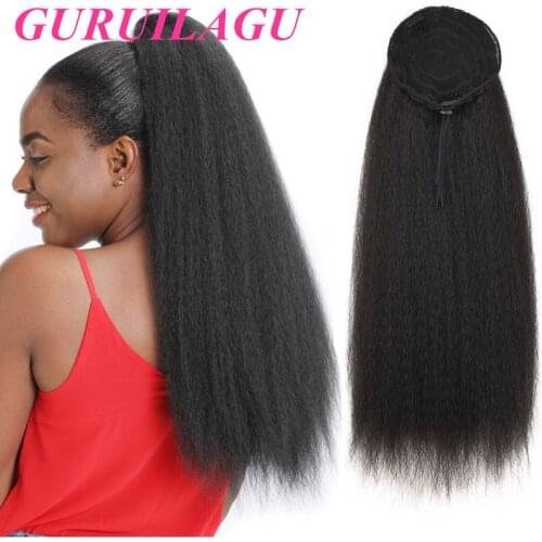 GURUILAGU Synthetic Ponytail Hair Extension With Clip In Drawstring Long Kinky Straight Womens Pony Tail Ombre Blonde Fack Hair