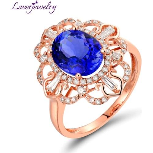 LOVERJEWELRY Luxury Blue Tanzanite Anniversary Loving Ring Solid 18K Rose Gold Diamond Fine Jewelry For Women Birthday Best Gift