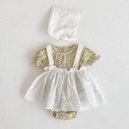 Baby Girls Summer Cool 3 Pieces Print Infant Romper Lace Dress Hat Clothes For Newborns Babies New Sets Bodysuit Overalls Shorts