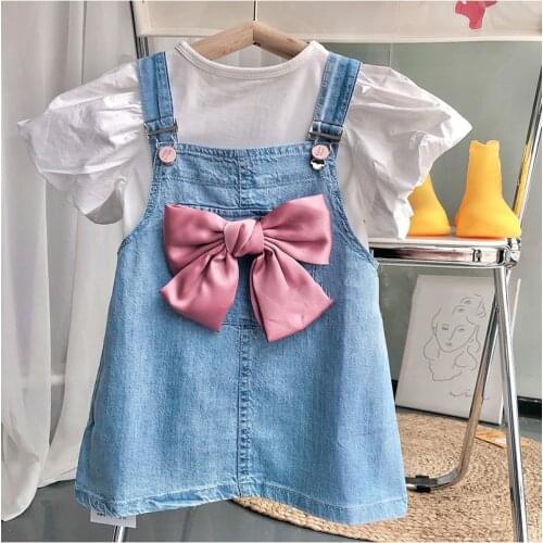 Little Girls Summer Clothing Kids Big Bow Suspender Skirt Puff Sleeve Top 2Pcs Sets 2 4 6 8 Year Children Clothes Girls Dress