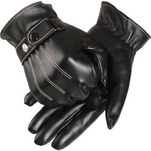Free Ostrich Gloves Men Winter Leather Black Gloves Button Warm Mittens Luxurious PU Leather Driving Mens Genuine