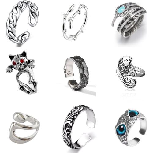 Unusual Vintage Leaf Ring for Women Artistic Unique Retro Bohemia Resizable Unisex Silver Color Statement Rings Gothic Jewelry