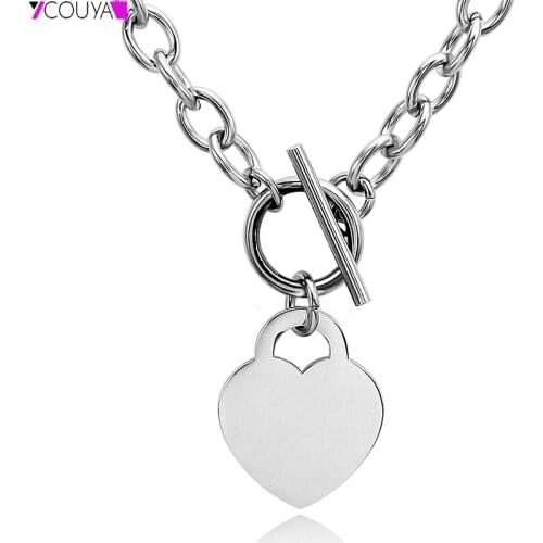 Silver color Love Heart Charm Choker Necklace for Women Collar Chain Bijoux Femme Stainless Steel Rolo Chain Customed Round Tag
