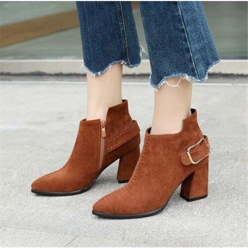 PXELENA Elegant Faux Suede Ankle Bots Female Square Chunky Block High Heels Short Boots Women Fashion Shoes Buckle Brown 34-43