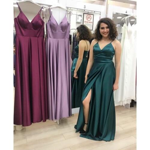 Sexy Long Spaghetti V-Neck Satin Prom Dresses with Slit Criss Cross Back Side Slit Robe De Soiree Floor Length Formal Party Gown