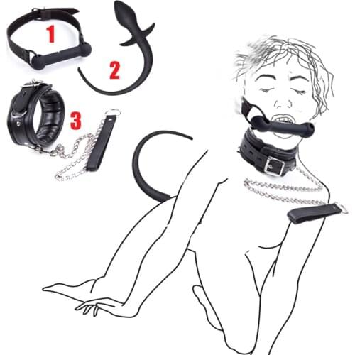SM Party Puppy Play Dog Tail Plug,Silicone Dog Bone Gag,Dog Collar With Leash,BDSM Bondage Set,Fetish Pet Dog Role Play Sex Toys