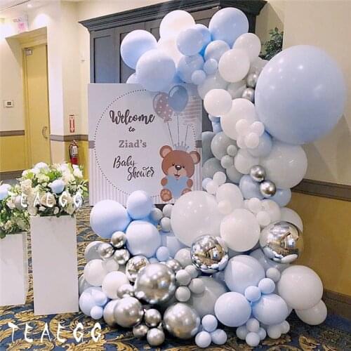 158Pcs Macaron Pastel Blue White 4D Silver Foil Baloon Baby Shower Party Balloon Garland Arch Kit Kid Birthday Decoration Pump