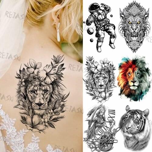 Black Floral Lion Temporary Tattoos For Women Men Fake Astronaut Tiger Warrior Chain Tattoo Sticker Waterproof Body Art Tatoos