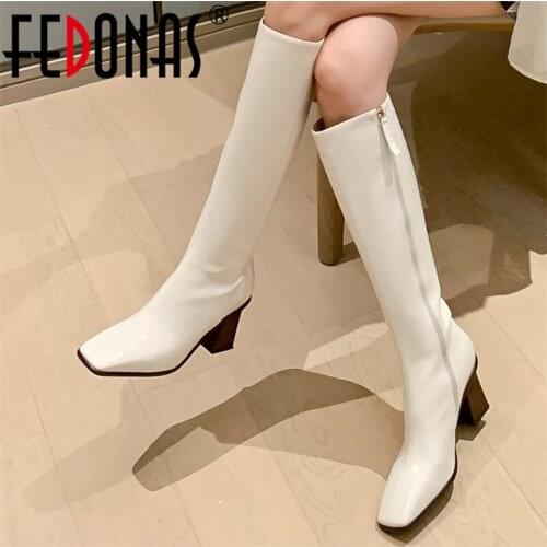 FEDONAS Autumn Winter Fashion Concise Women Knee-High Boots Genuine Leather Square Toe High Heels Party Casual Long Shoes Woman