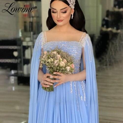 Saudi Arabic Cape Sleeves Blue Long Evening Dresses 2021 Beaded Celebrity Dress Kaftans Plus Size Party Gowns Robe De Soiree