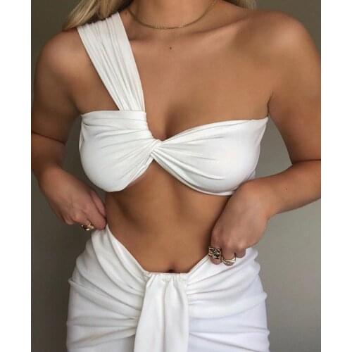 BBK One Shoulder Braless Plain Crop Tops Splitd Ankle Length Pencil Skirts Elegant Femme Sweet Fashion Outfits Women Suit Summer