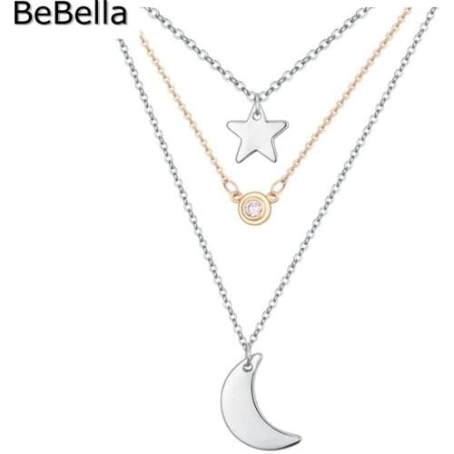 BeBella 3 Layer Chains Star And Moon Charm Pendant Necklace With Cubic Zirconia Stone Fashion Jewelry For Women Girls Gift