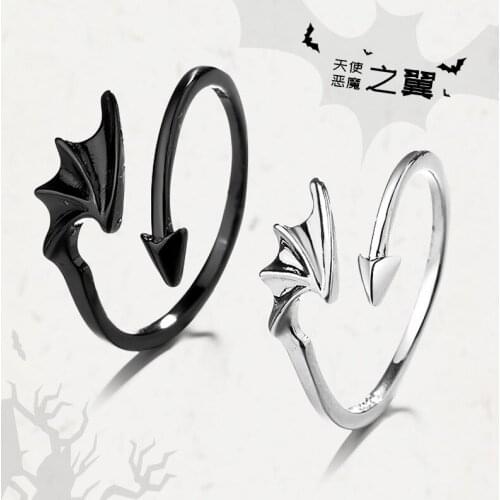 Black Silver Color Angel And Devil Couple Rings Original Creative Texture Romantic Rings For Lovers Festival Jewelry Wholesale