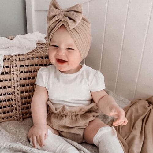 Big Bows Baby Bonnet Cap Winter Warm Waffle Knitted Girl Boy Hat Soft Breathable Infant Toddler Turban Newborn Headwrap Cap