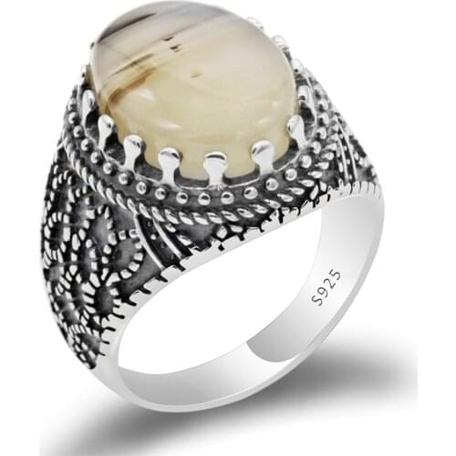 Natural Agate Ring for Men Pure 925 Sterling Silver Vintage Punk Male Women Rings Turkish Handmade Jewelry Gift Wholesale