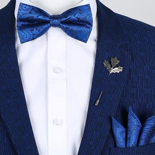 Brand New Mens Designer Flower Navy Paisley gravata borbolet Handkerchief Butterfly Bow Ties Set Royal Blue Suits Sets for Man