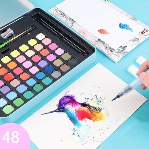 48 Assorted Water color Paint Travel Set Solid Pigment with Metal Box Case Water Color Paint Kit For Drawing