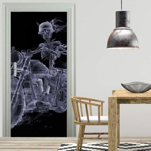 3D Customized Door Mural Skull Ride Motocycle Wallpaper mural Wall Print Decal Wall Mural Photo self adhesive door wrap