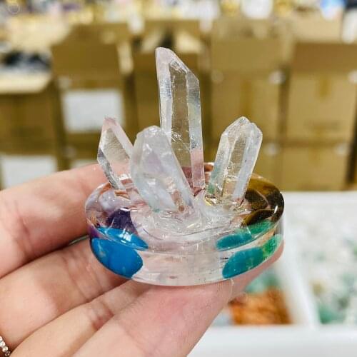 Natural Moberia Crystal Pillar With Hand Bonded Resin Base Flower Home Decoration Chakra Reiki