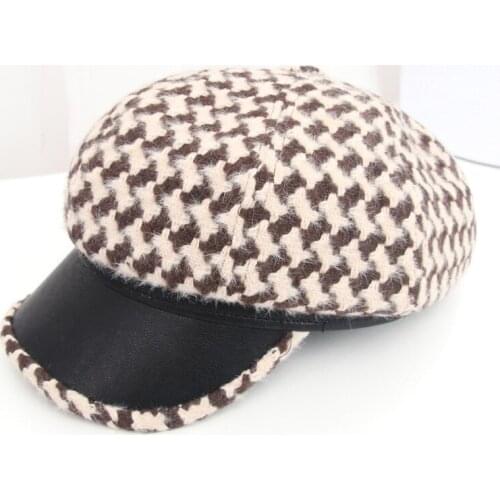 New Korean Retro Plaid Leather Newsboy Hat With Warm Octagonal Hat For Womens Autumn And Winter Woolen Plaid Beret