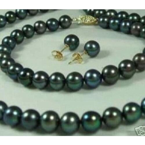 2015 Charming women sale 7-8mm Black Cultured Pearl Necklaces Bracelets Earrings Set Jewelry Wholesale and retail