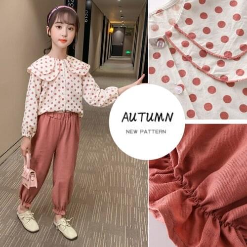 Girls Autumn ChildrenS Clothing Girl Princess Kids Wave Point Lotus Leaf Collar Tops +Pants 2PC Suit teenagers Clothes 3-14Y