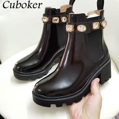 Luxury Brand Woman Ankle Boots Genuine Leather Rhinestone Decor Short Boots Runway Chunky Heels Black Motorcycle Boots Women